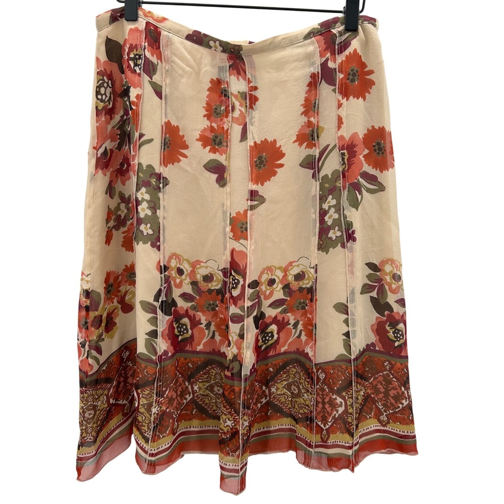 Sunny Leigh Silk Floral Midi‎ Skirt Women Size 10 Beige Orange Red Pleated Lined